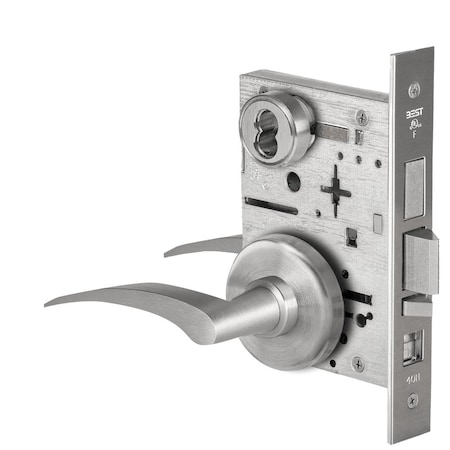 BEST Grade 1 Office Mortise Lock, 17R Lever, H Rose, SFIC Housing Less Core, Satin Chrome Finish 45H7AB17RH626